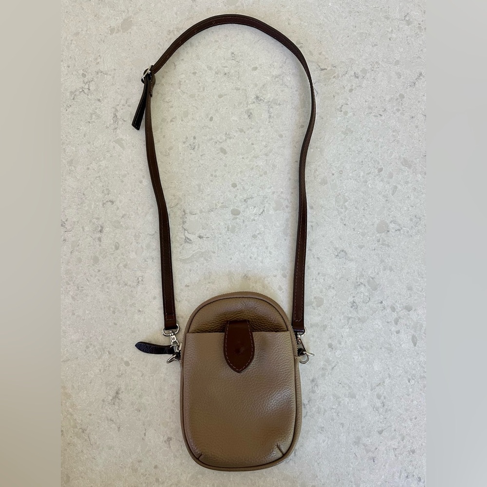 Italian made tan and brown soft leather crossbody purse